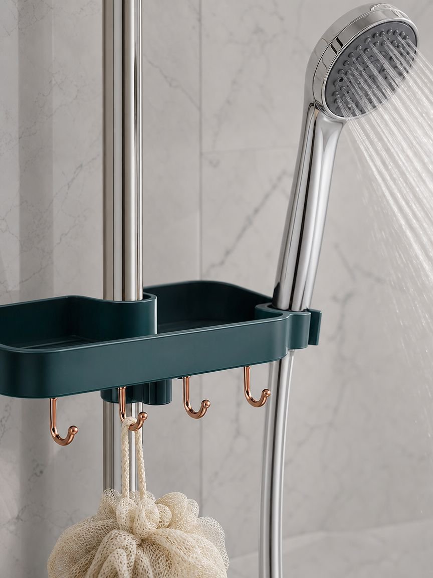Sturdy wall-mounted shower head holder rack in use