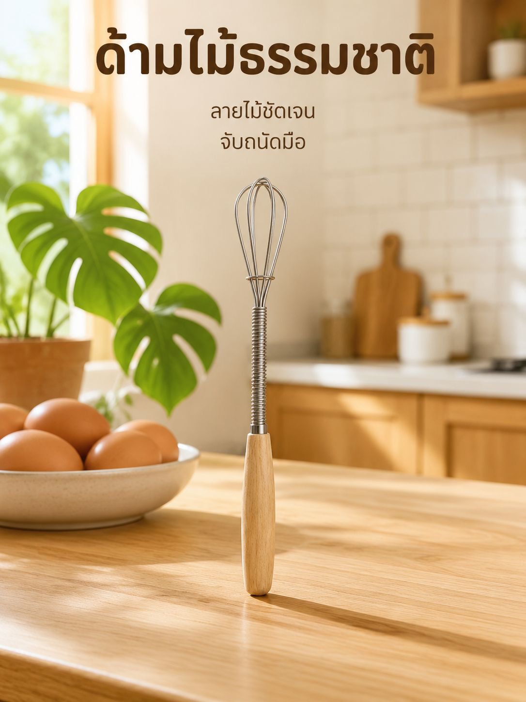 เครื่องตีไข่สแตนเลสพร้อมด้ามไม้แบบมือจับ