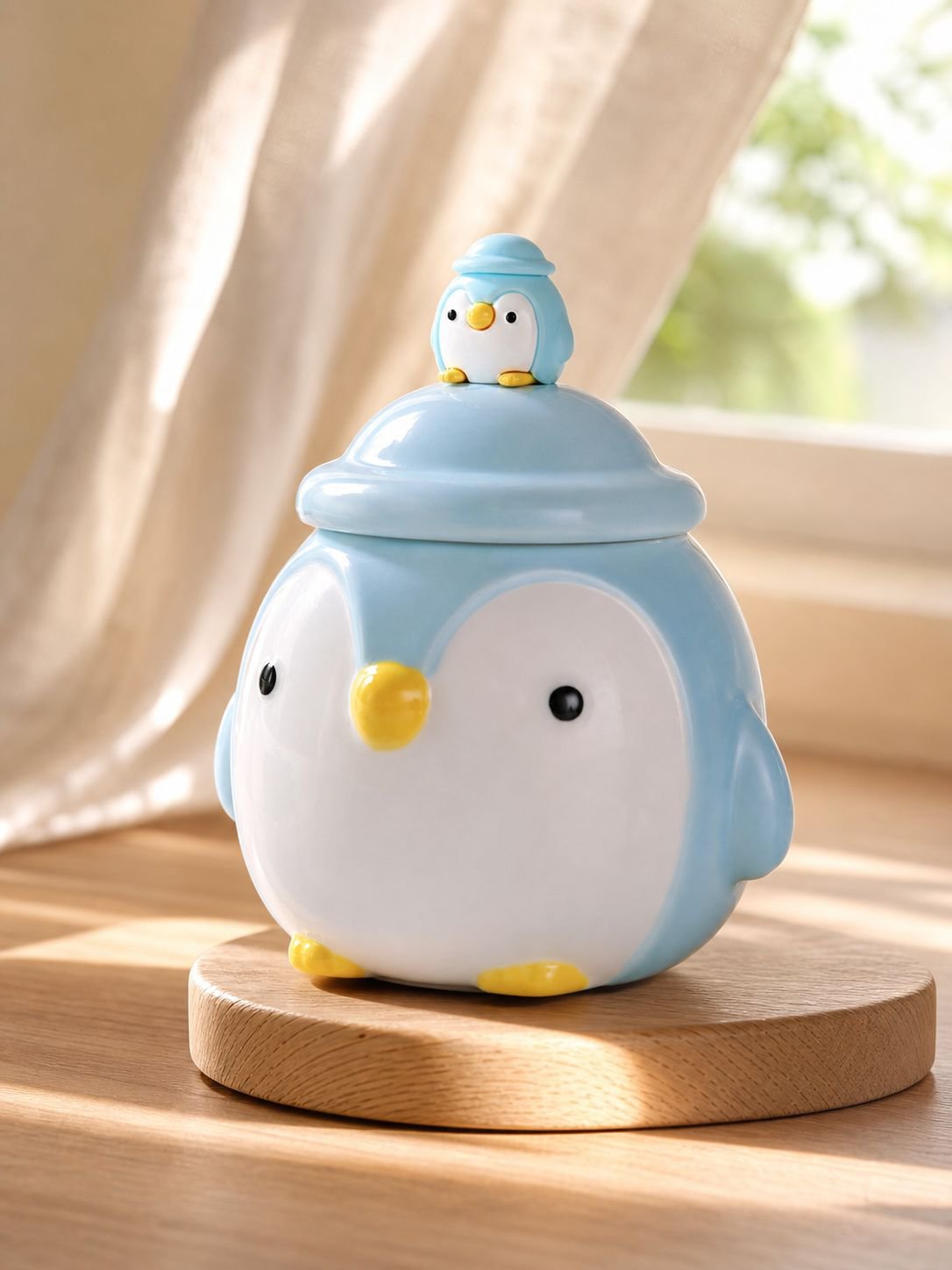 Hand holding a cute cartoon ceramic mug