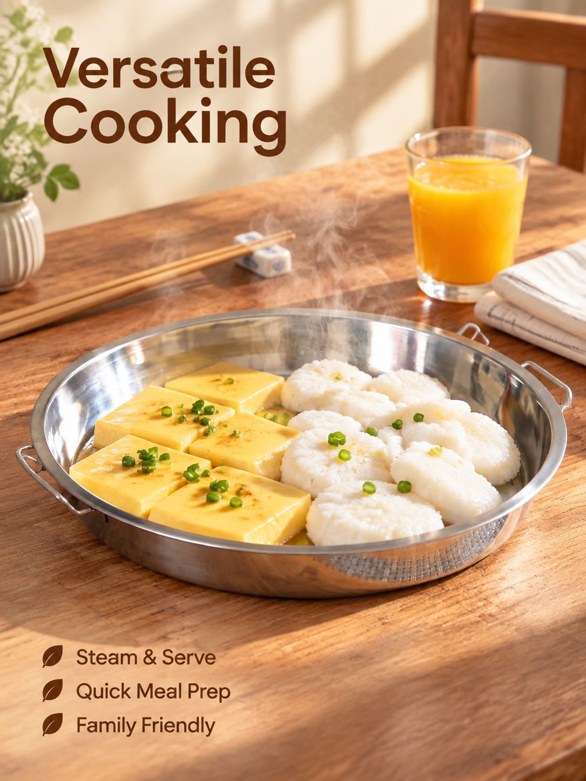 Stainless steel steaming tray for dough sheets