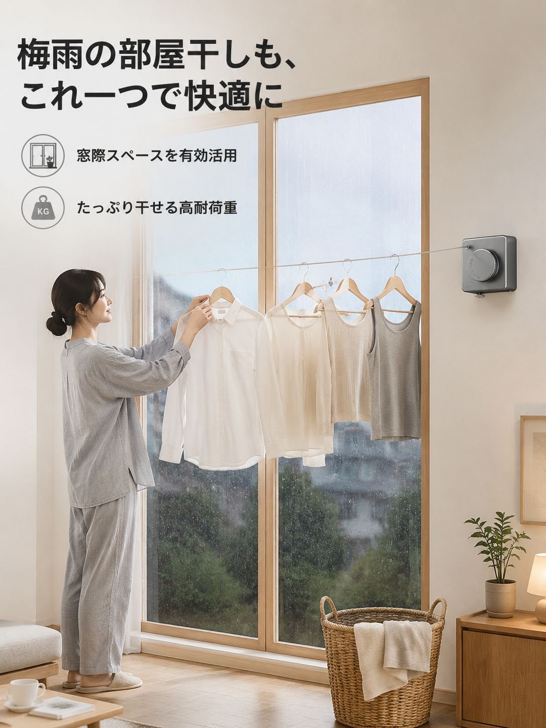 穴あけ不要・家庭用ステンレスワイヤー隠し物干しロープ