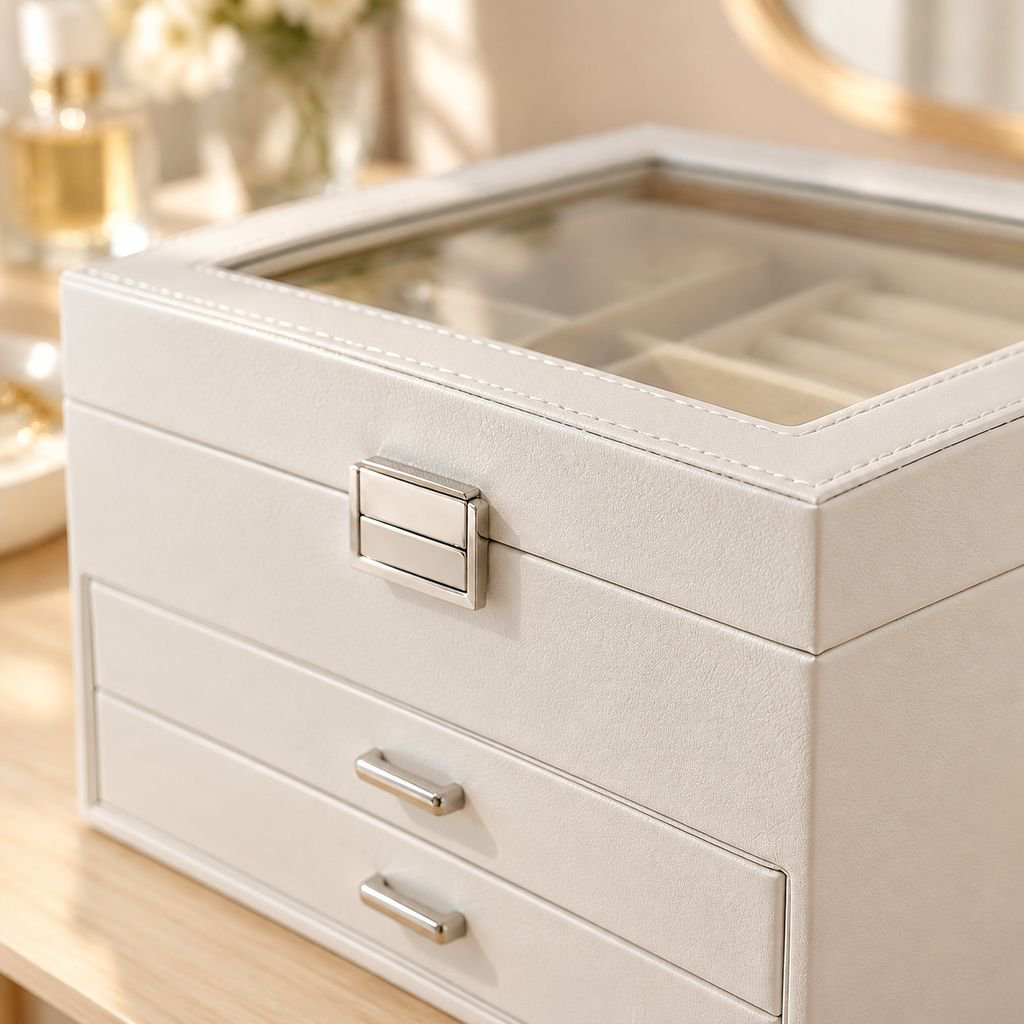 指輪、イヤリング、ネックレス、ブレスレットなどのジュエリーを収納できる家庭用ジュエリー収納ボックス。窓付き引き出し付き。