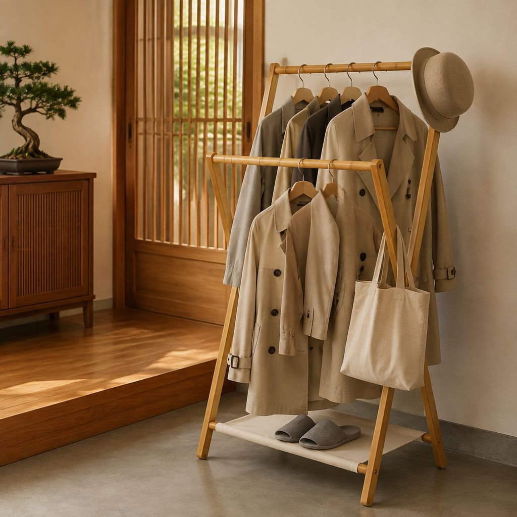 洋服をかけた状態の竹製ハンガーラック