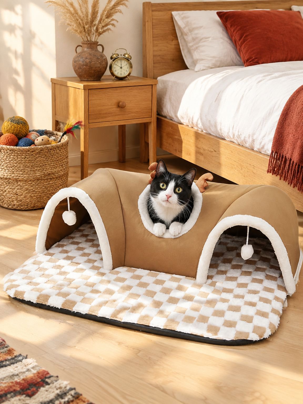 Cueva para mascotas con túnel y cama integrada para gatos
