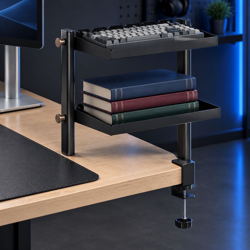 JMY - Desktop Clip-on Double-Layer Shelf, No-Drill Desk Storage Rack, Foldable Tray, Pegboard/Hangin