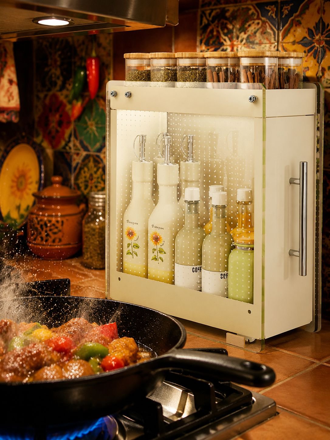 Cocina organizada con estante extraíble para especias