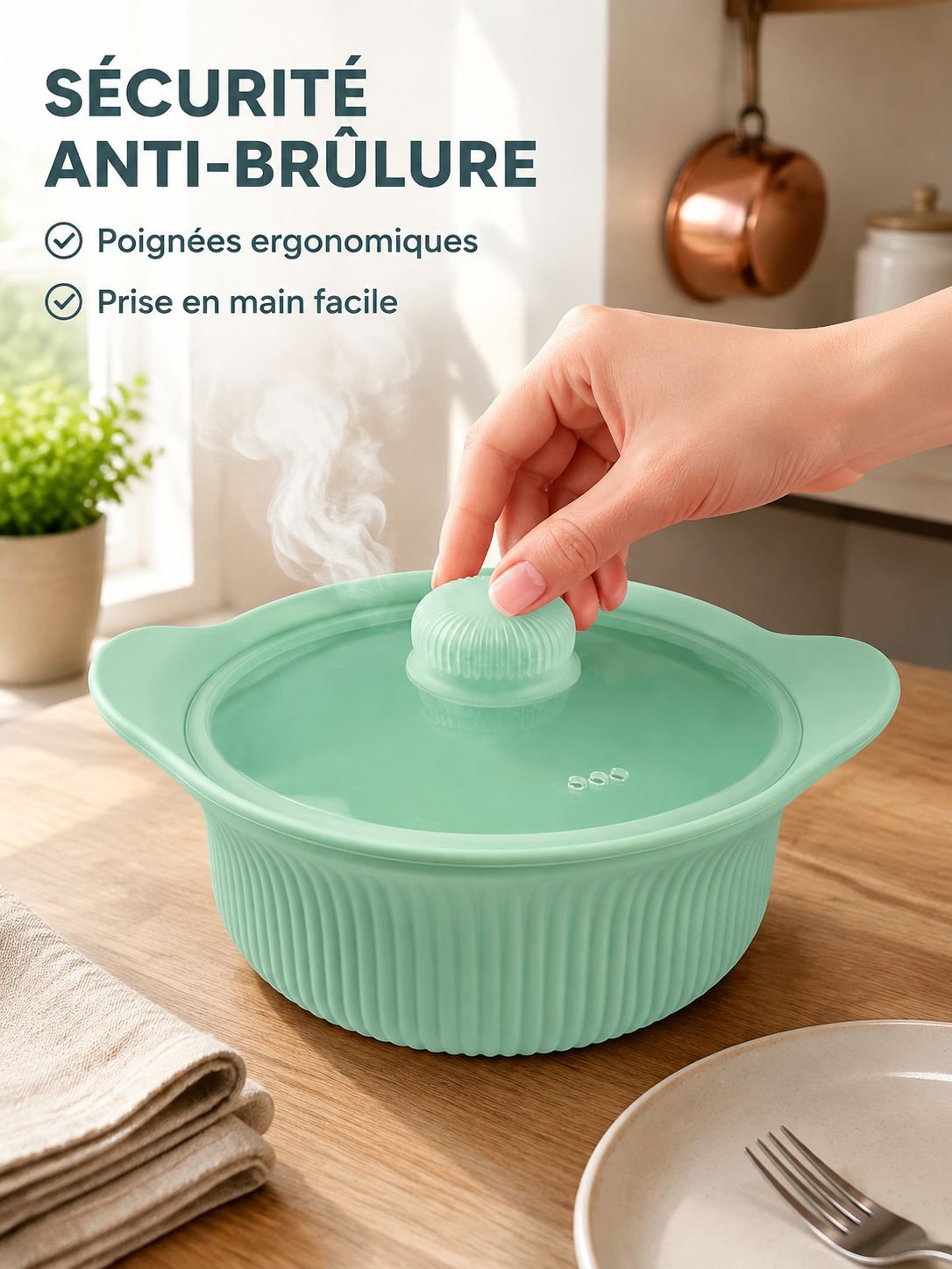 Cuiseur à vapeur multifonction en silicone pour micro-ondes, conception à trois compartiments