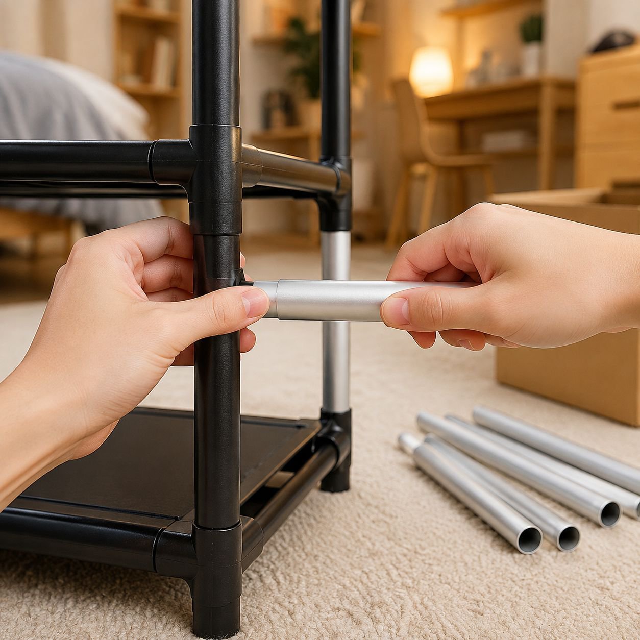 Modern dorm room with space-saving multi-tier shoe rack