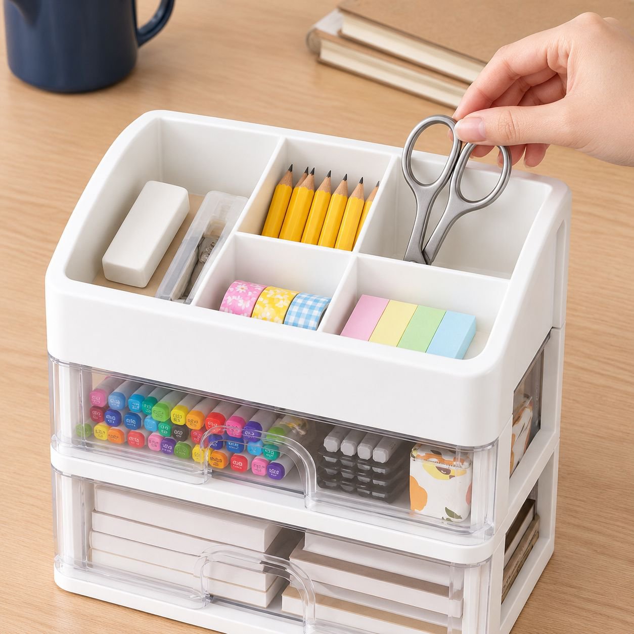 Spacious compartments of the desktop drawer organizer