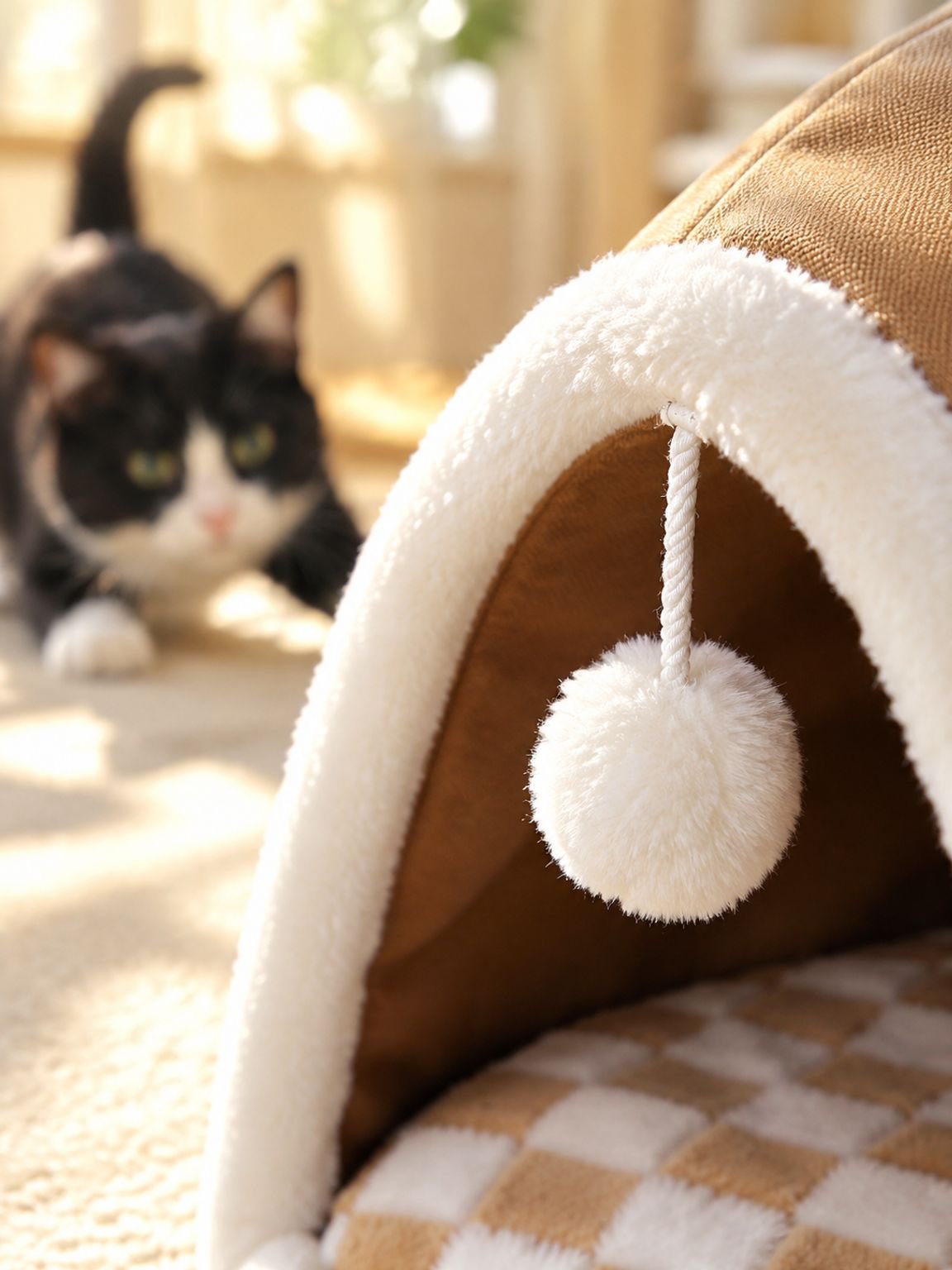 Interior de la cueva para gatos mostrando la cama suave