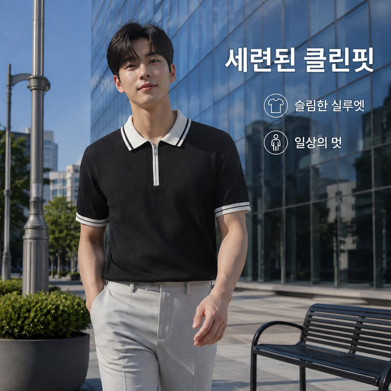 남성용 아이스 실크 컬러 블록 지퍼 폴로 반팔 셔츠