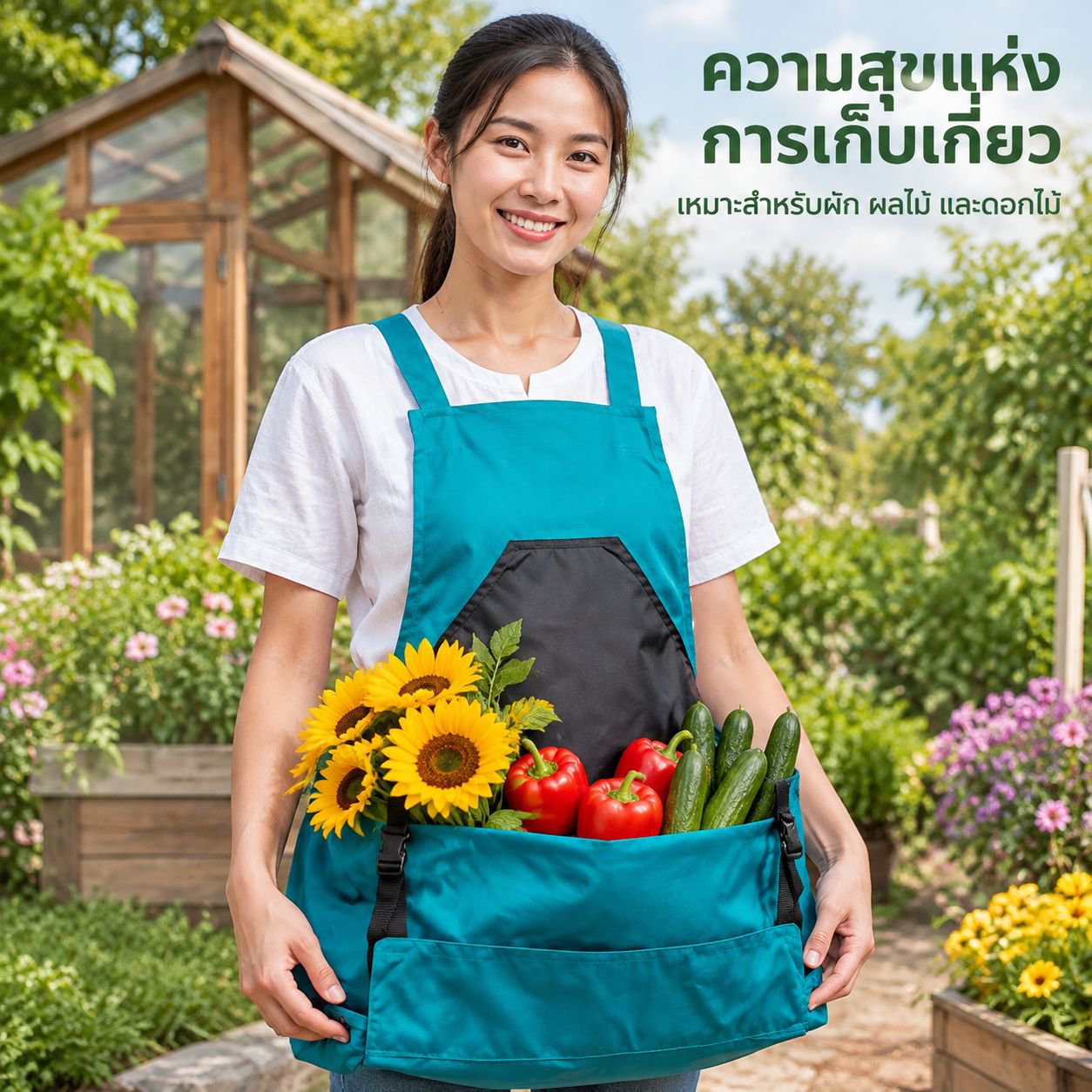 ผ้ากันเปื้อนสำหรับเก็บเกี่ยวผลผลิตในสวน มีกระเป๋าขนาดใหญ่ ผ้ากันเปื้อนทำสวน