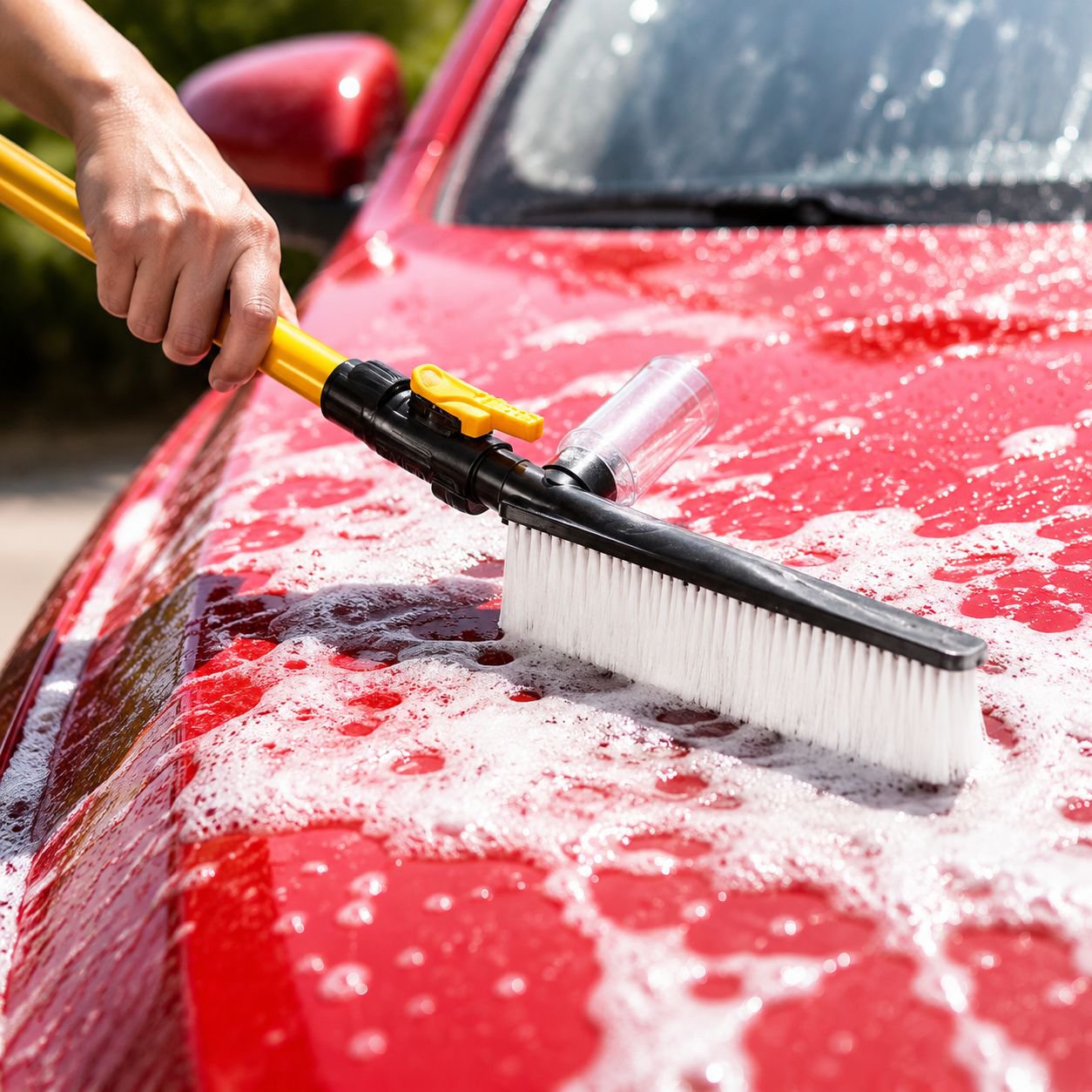 Long Handle Car Wash Brush with Water Spray, Foam, and Soft Bristles