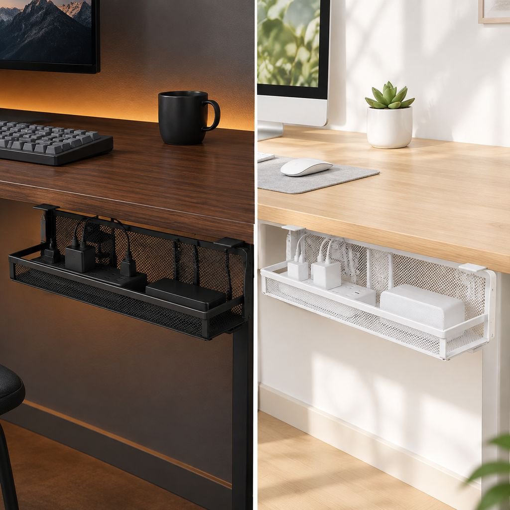 No-drill power strip holder, cable management box, under-desk cable organizer