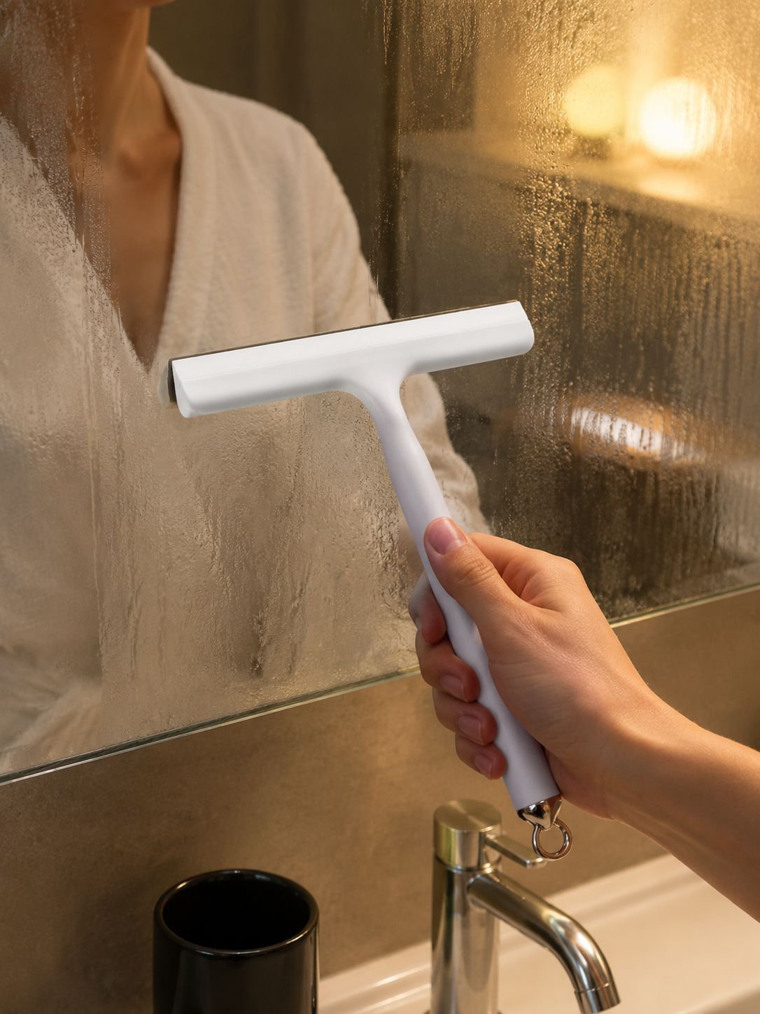 Plastic glass scraper removing water from glass