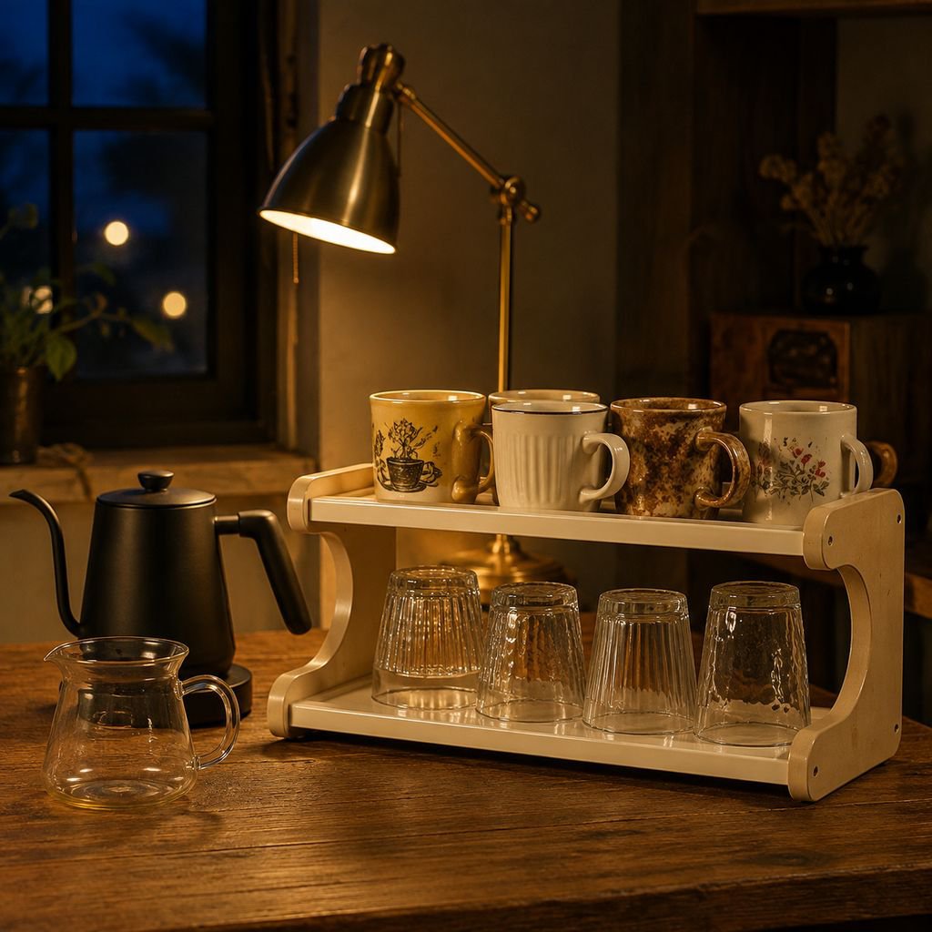 Versatile desktop rack for coffee, tea, and water cups