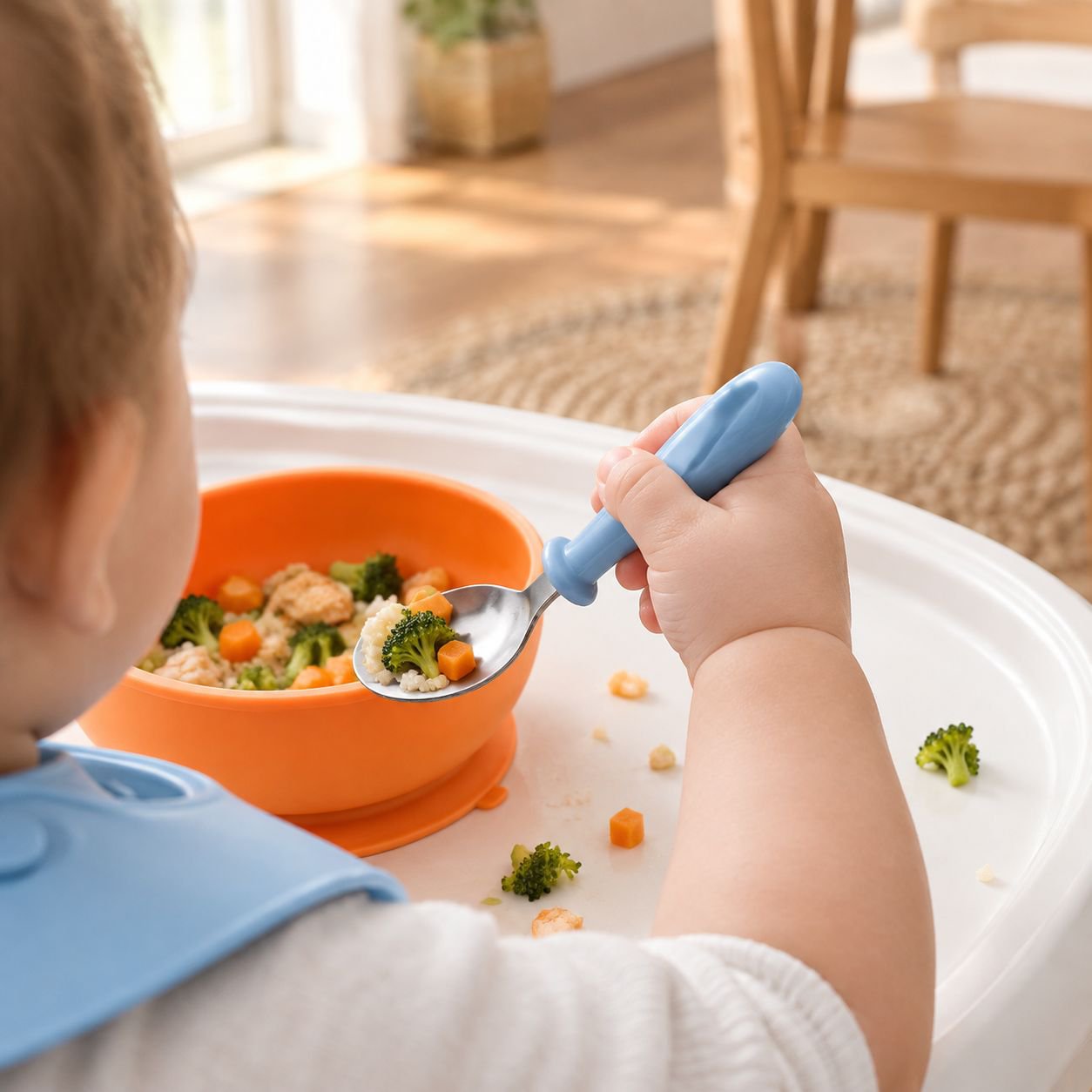 Close-up of stainless steel fork and spoon for kids