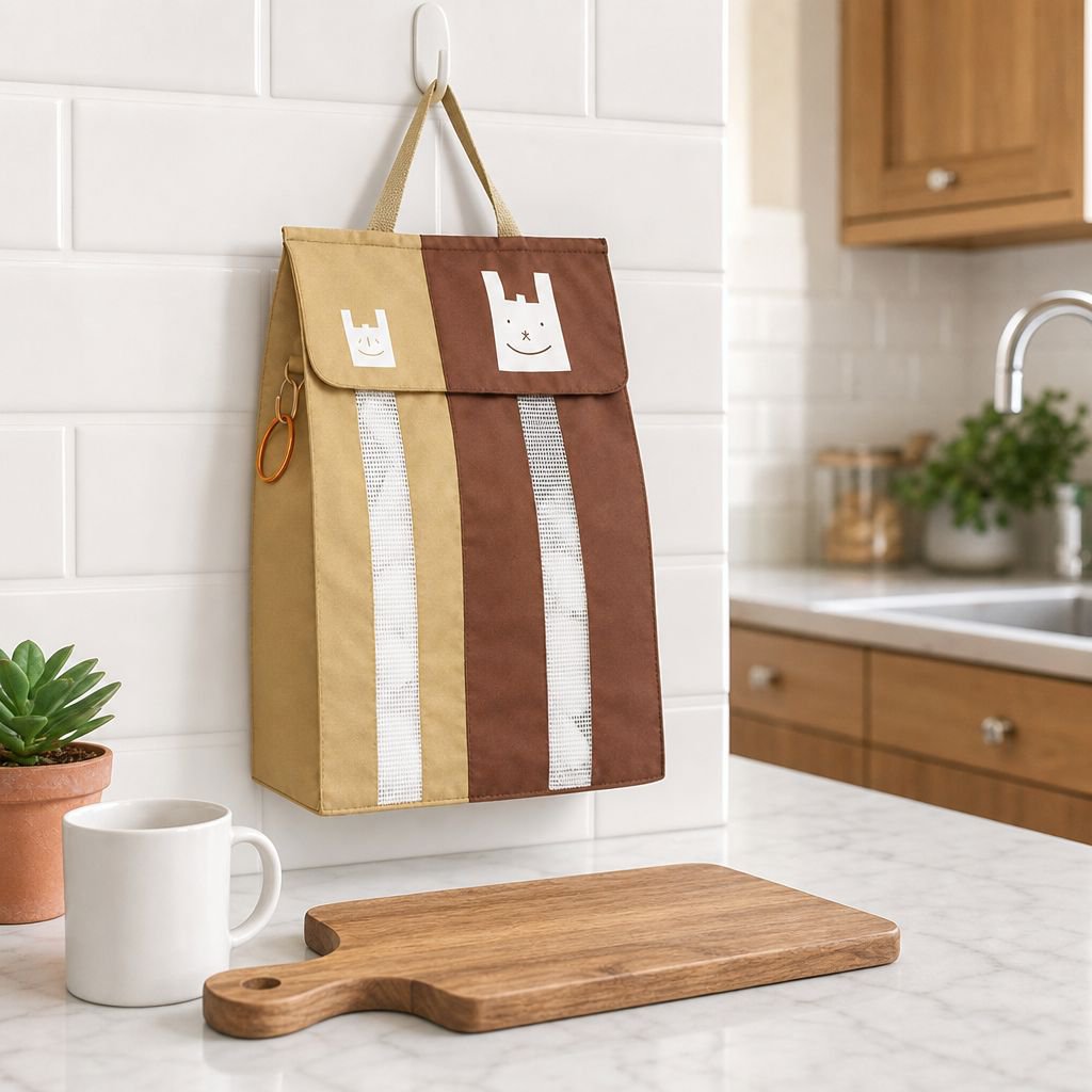 Wall-mounted large garbage bag organizer installed in kitchen