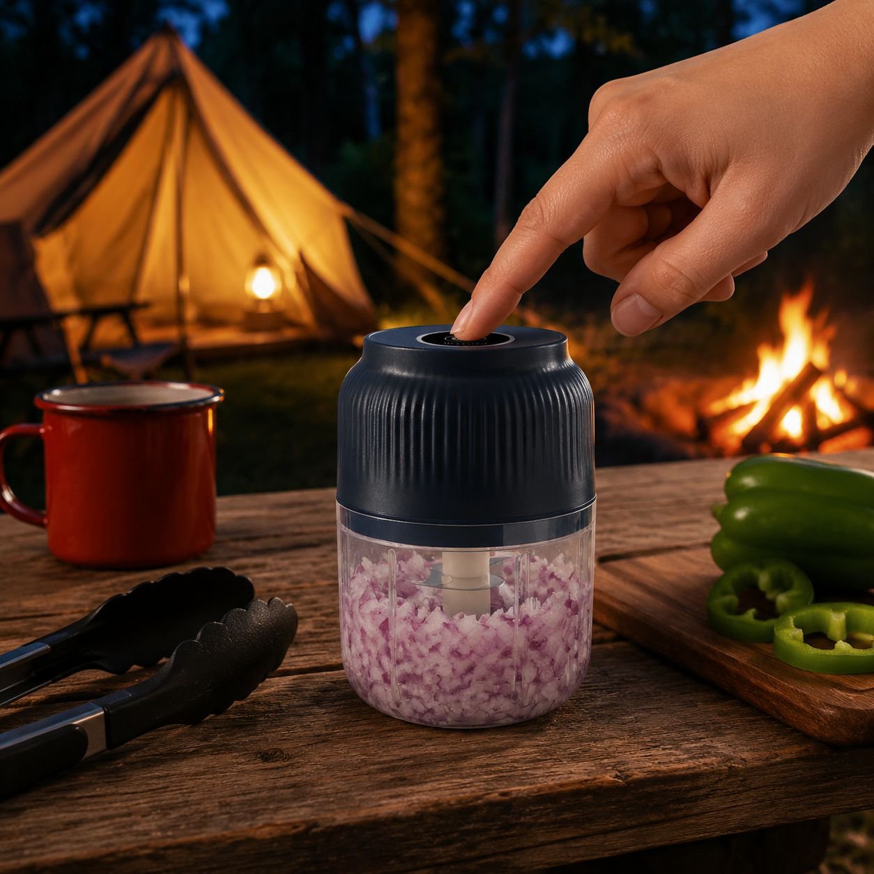 Hand holding compact electric food chopper for kitchen