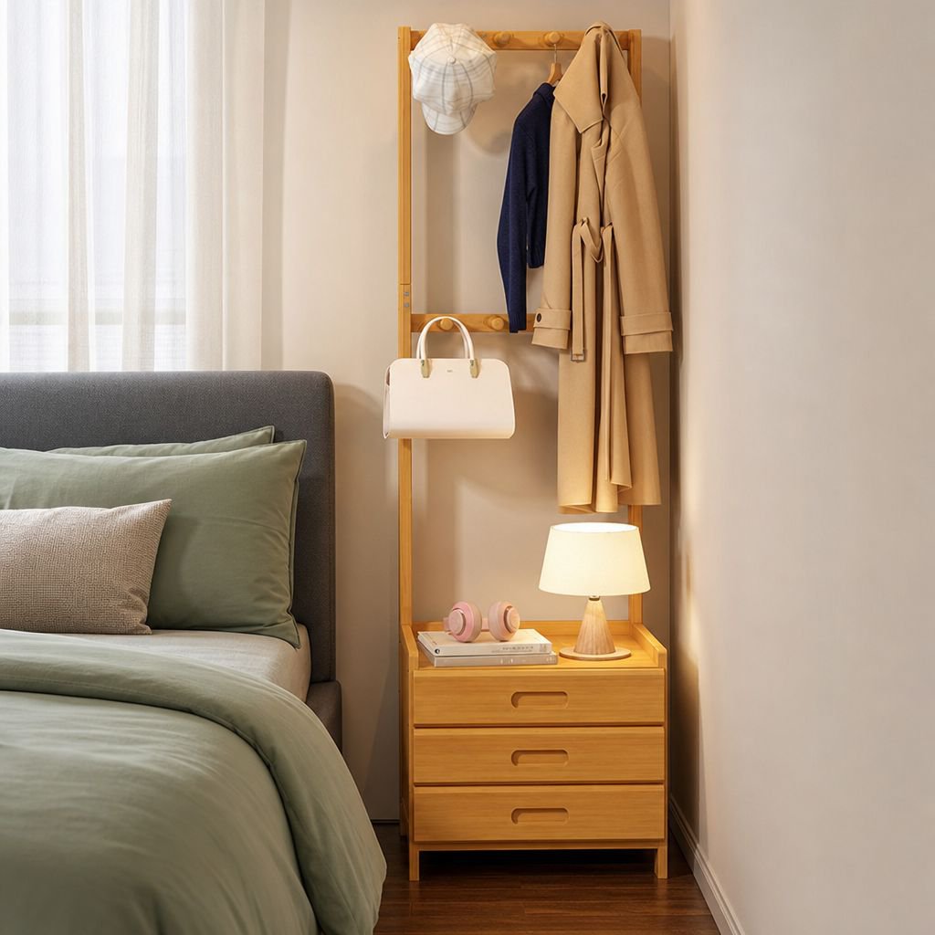 Clothes hanger with shelves for bedroom storage