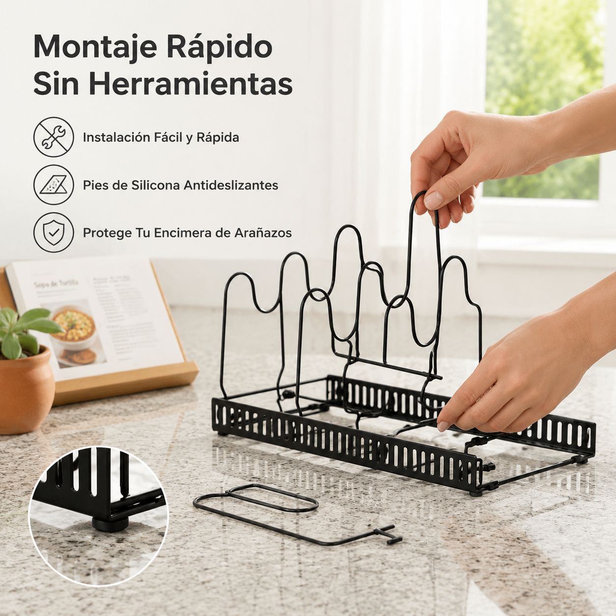 Estante organizador ajustable para sartenes y tapas, multifuncional