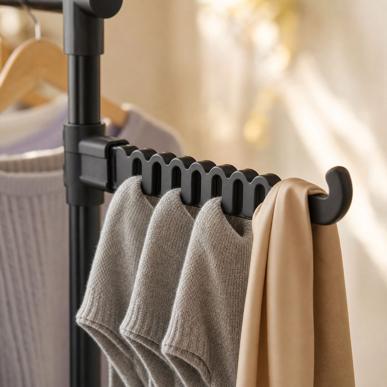 Kleiderbügel mit Haken und Doppelschienen im Kleiderschrank