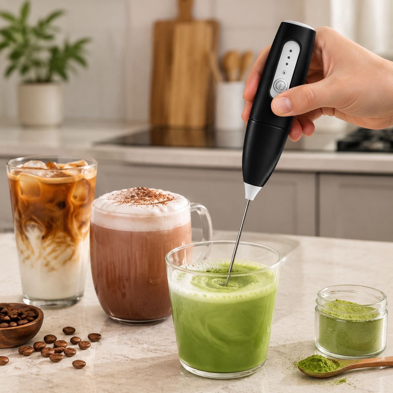 Handheld frother creating creamy coffee foam