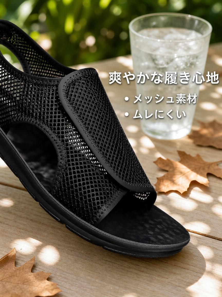 メンズ通気性軽量サンダル マジックテープ調節 滑り止め・水洗い可能メッシュスリッパ