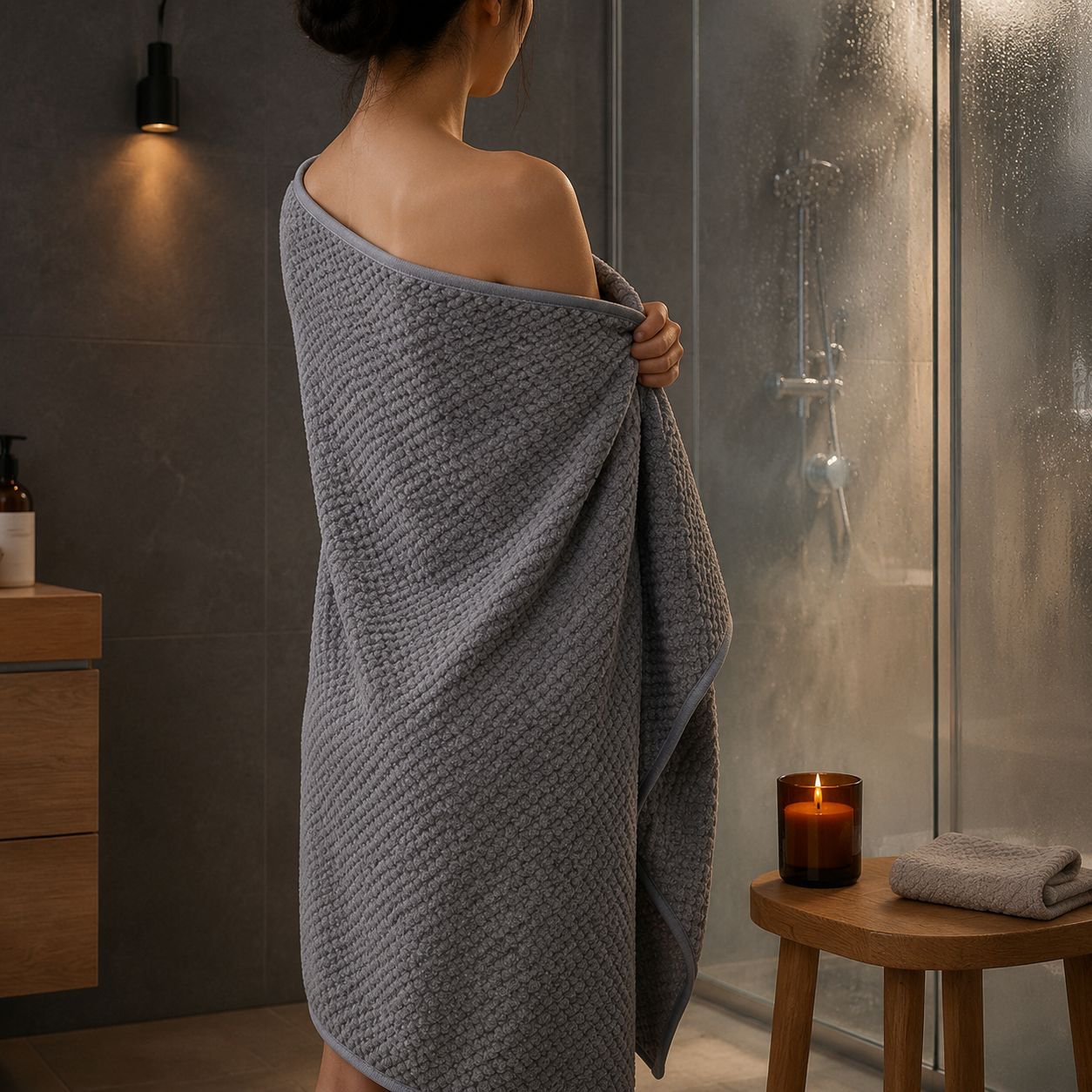 Soft and thick coral fleece large bath towel folded neatly