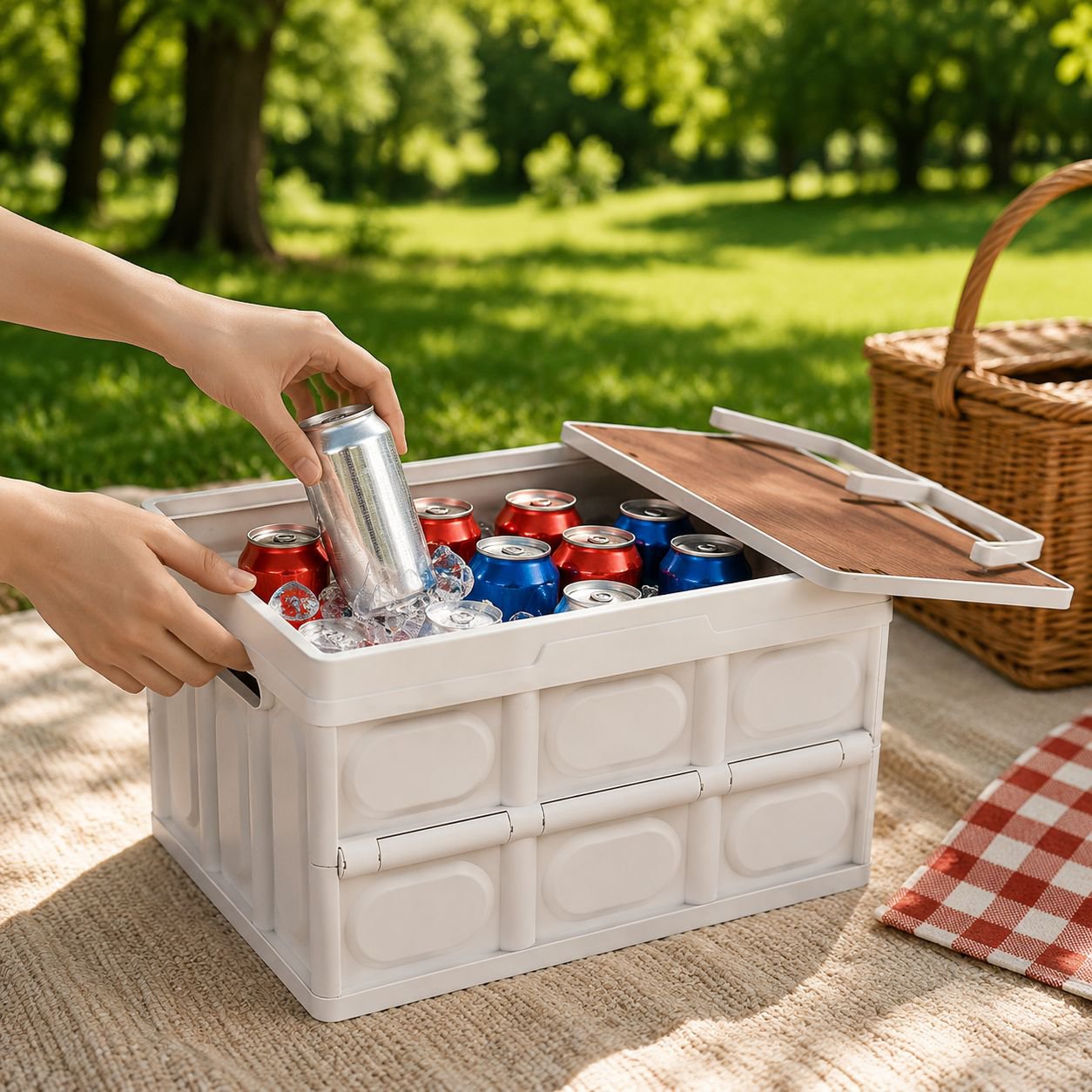 Collapsible storage basket with wooden lid used as a coffee table