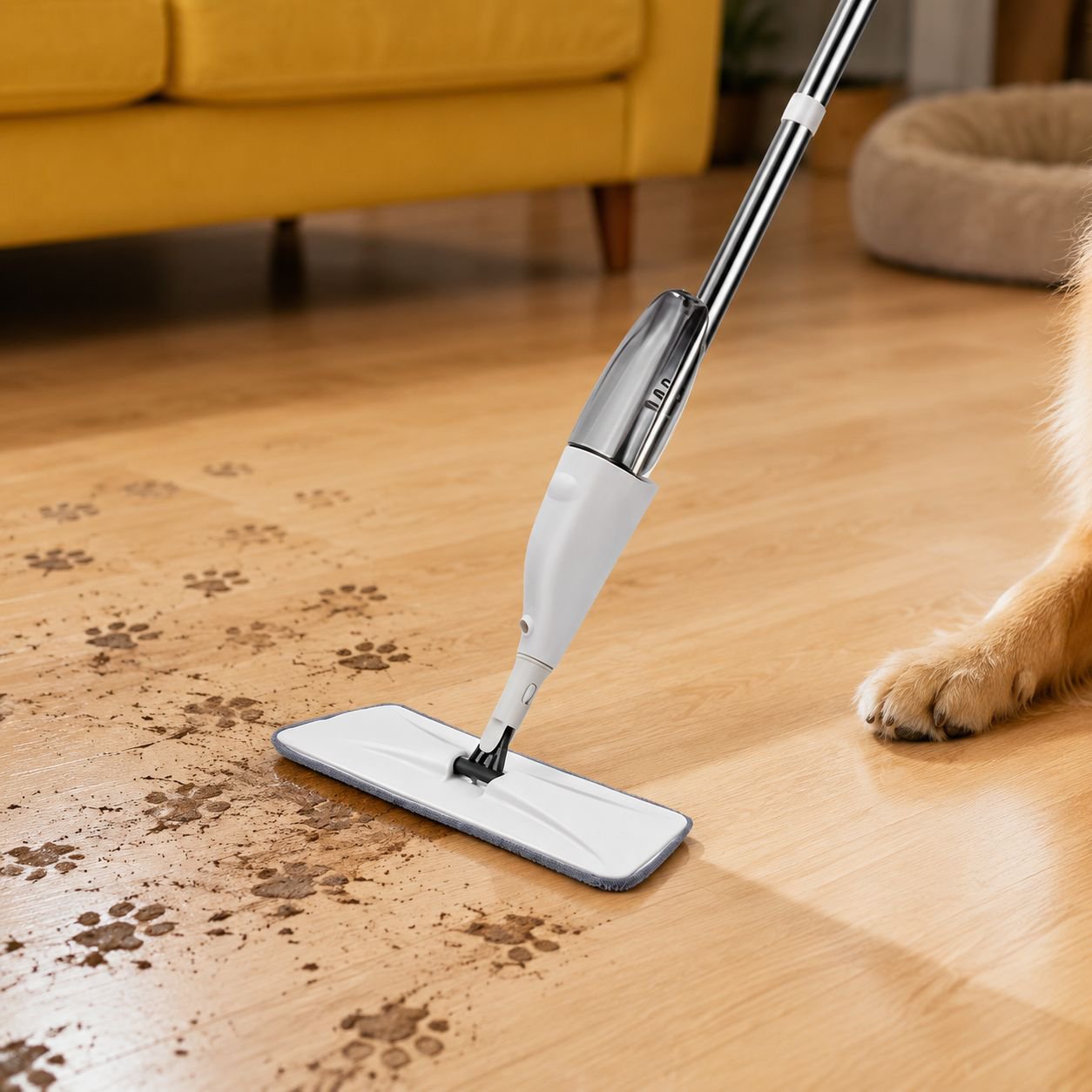 Efficient spray mop for laminate and wooden floors