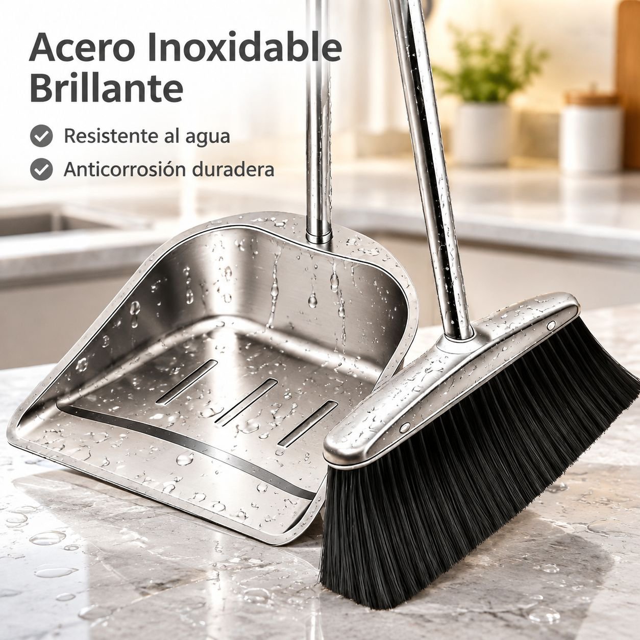 Juego de recogedor y escoba de acero inoxidable con cerdas suaves
