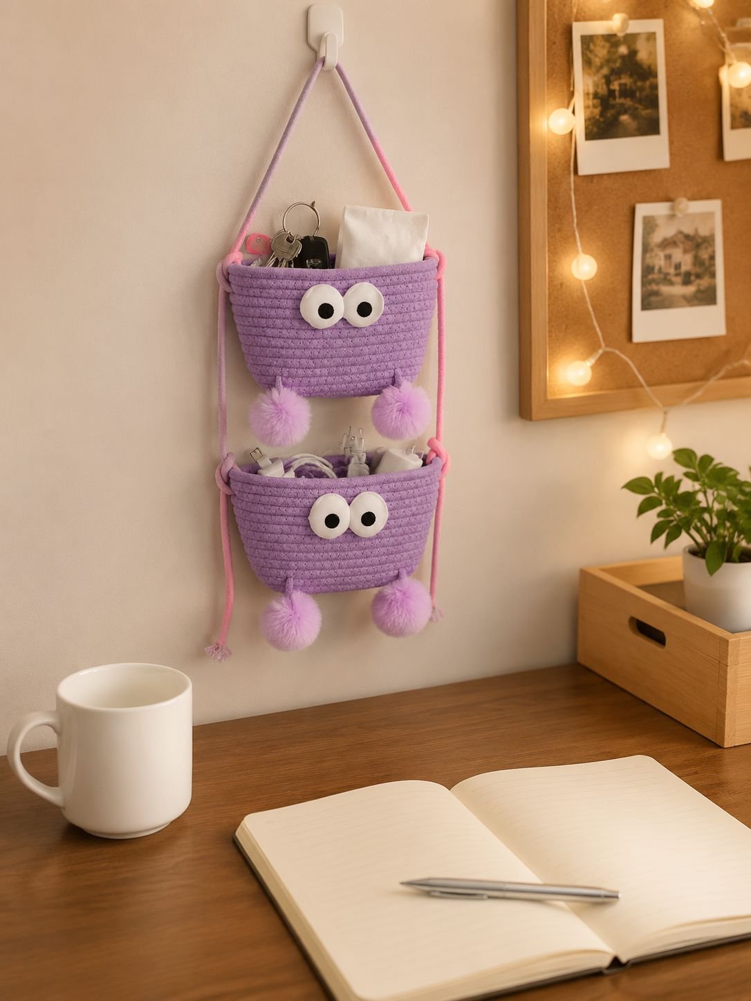 Door-mounted storage organizer basket in bedroom