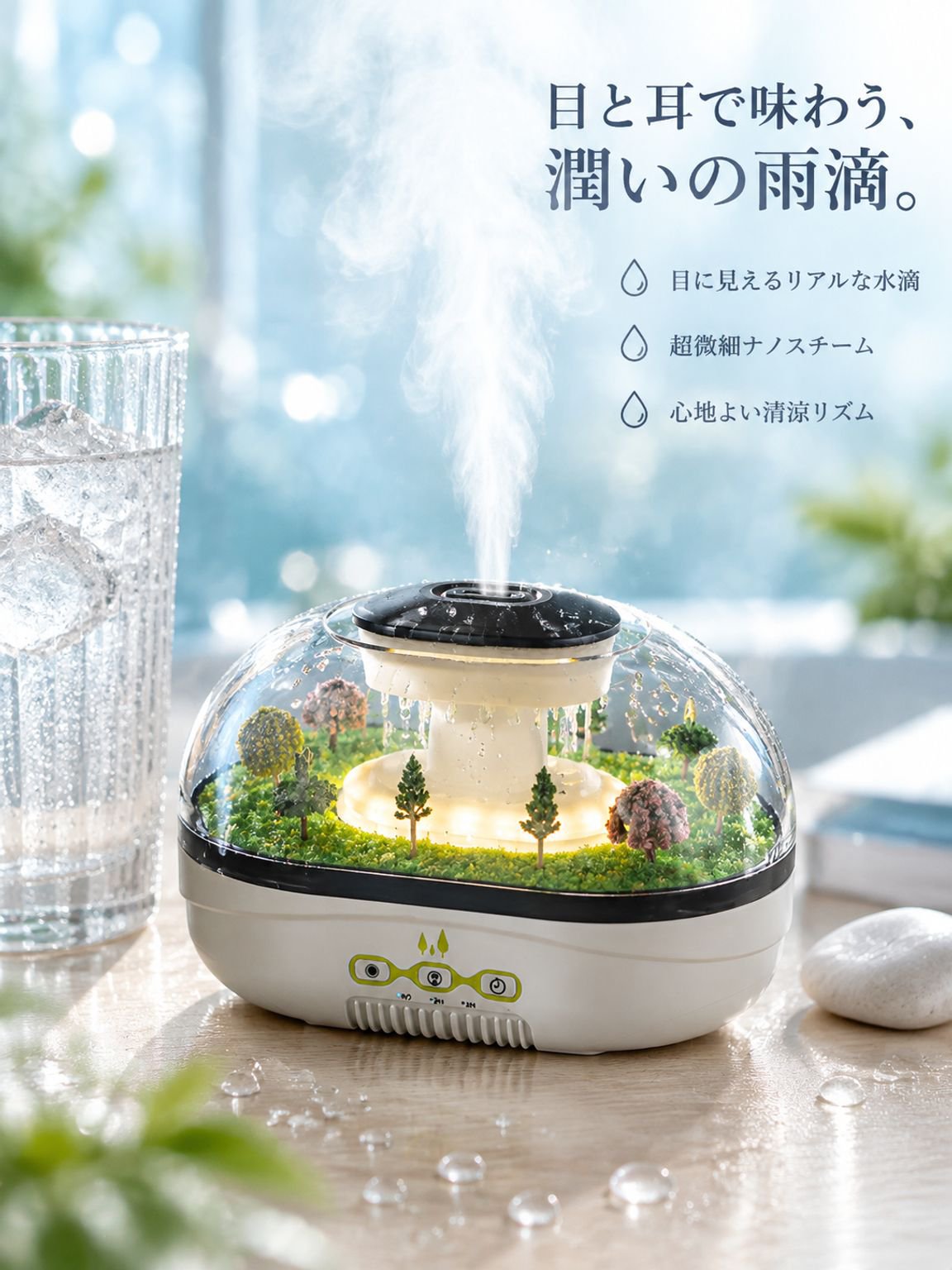 雨粒デザイン 超音波アロマ加湿器 USB静音タイプ 精油対応 ムードライト付き