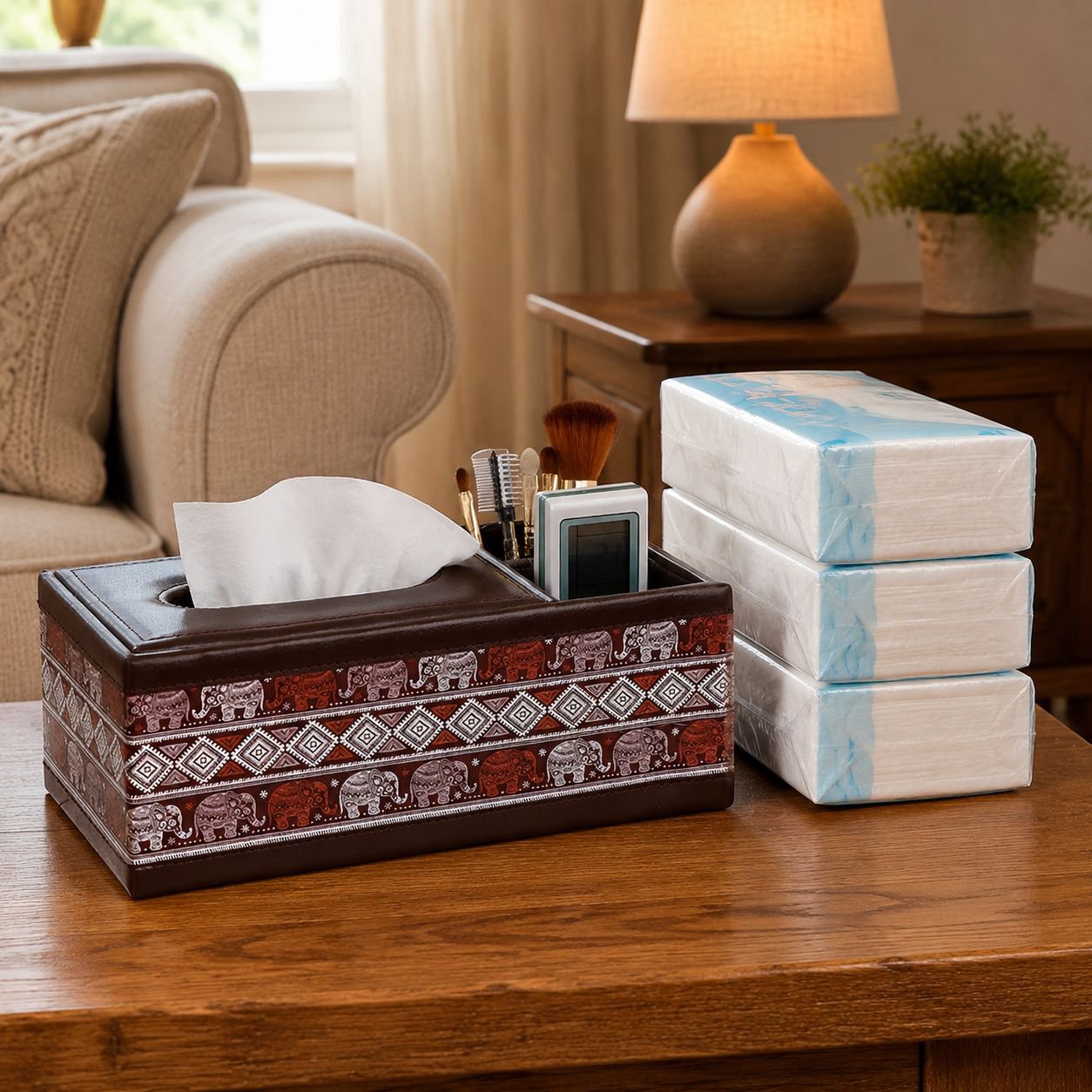 Modern stylish home tissue box on living room table