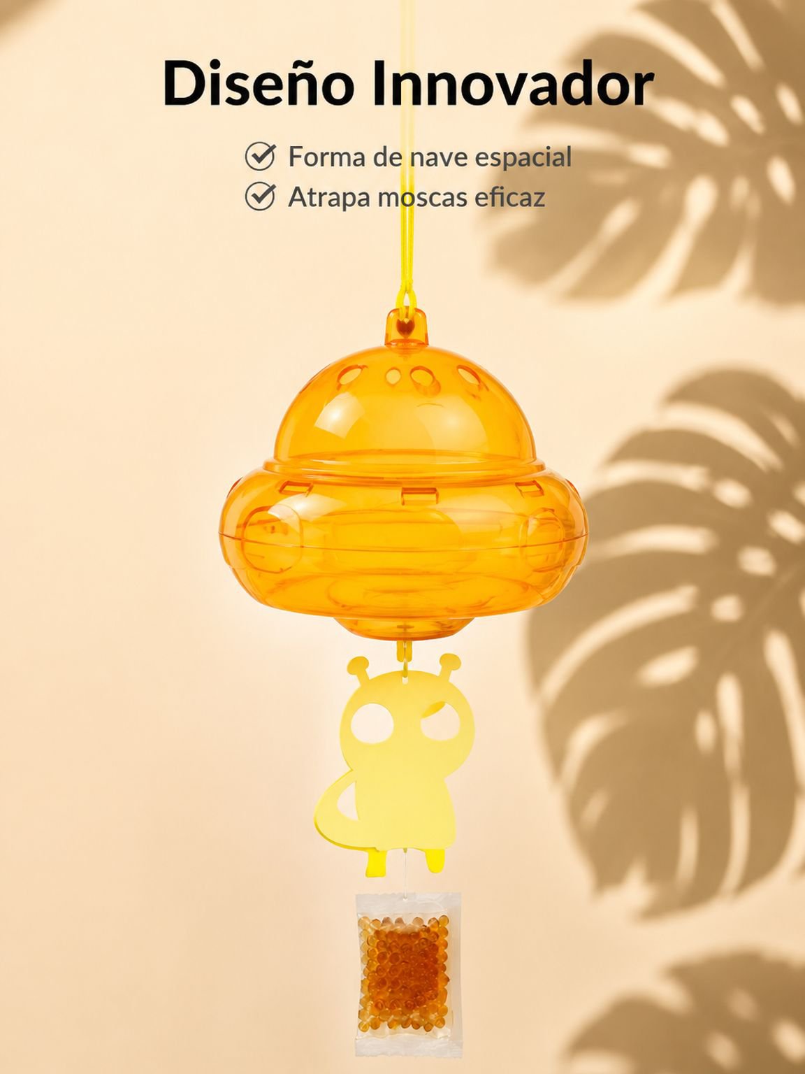 Trampa colgante para moscas en forma de nave espacial con placas adhesivas
