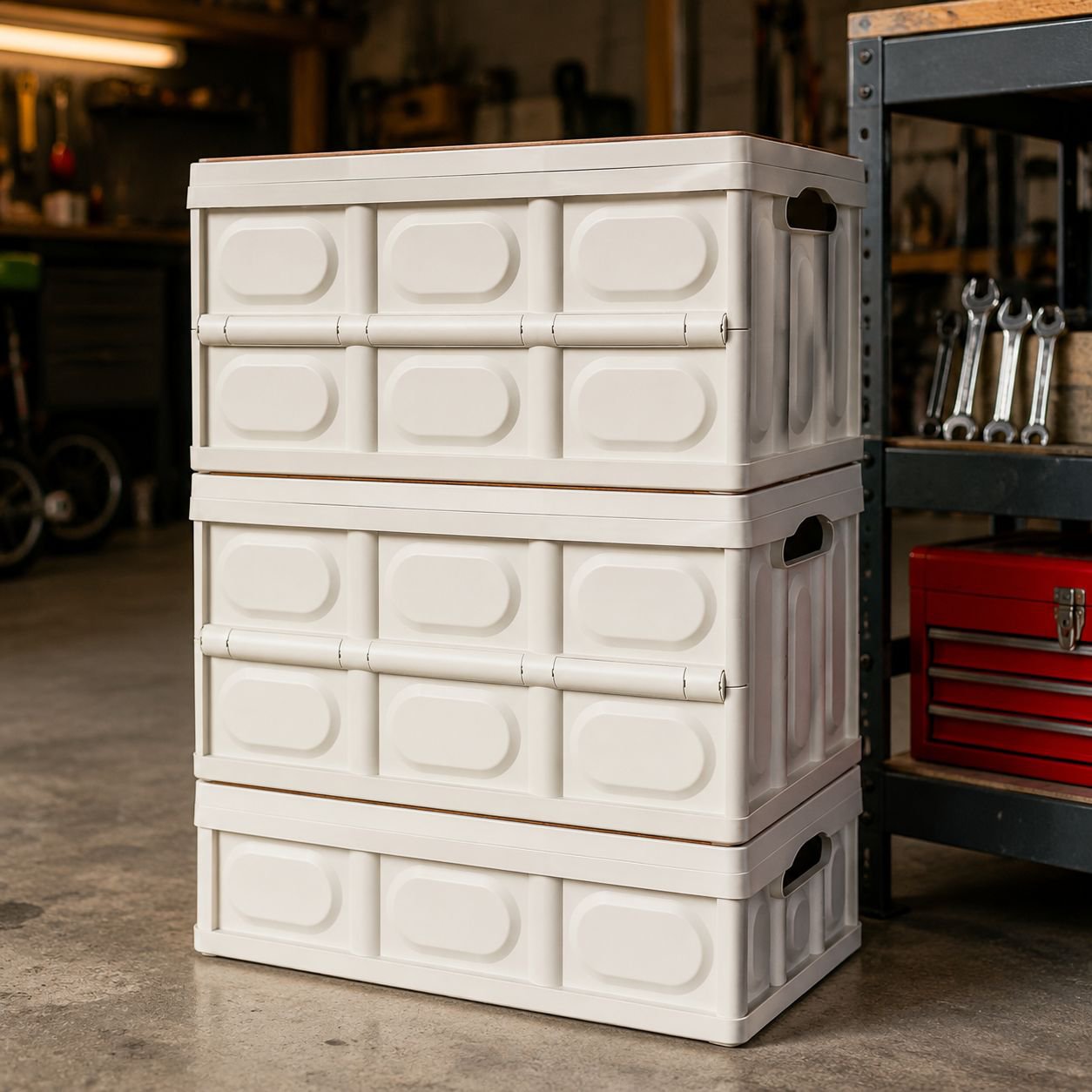 Portable folding storage basket with wooden tabletop on a living room floor