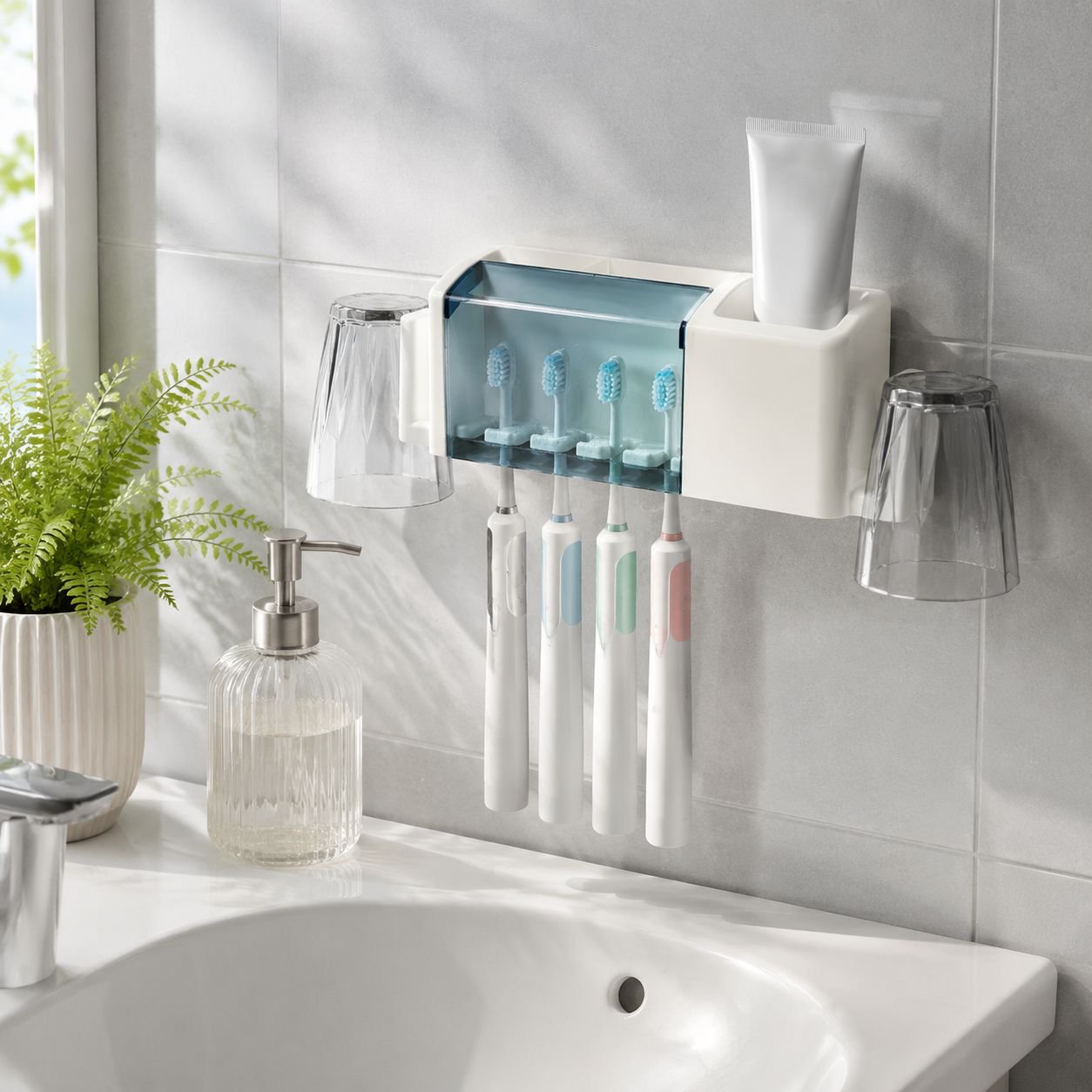 Wall-mounted No-drill Electric Toothbrush Stand Set with Cup