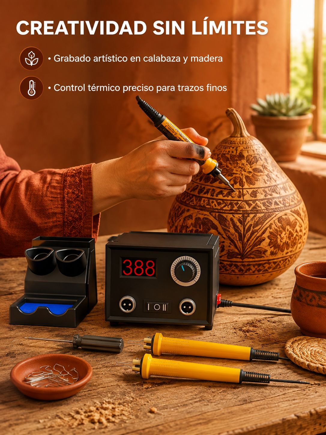 Juego completo de herramientas para pirograbado y tallado en placas de calabaza de madera