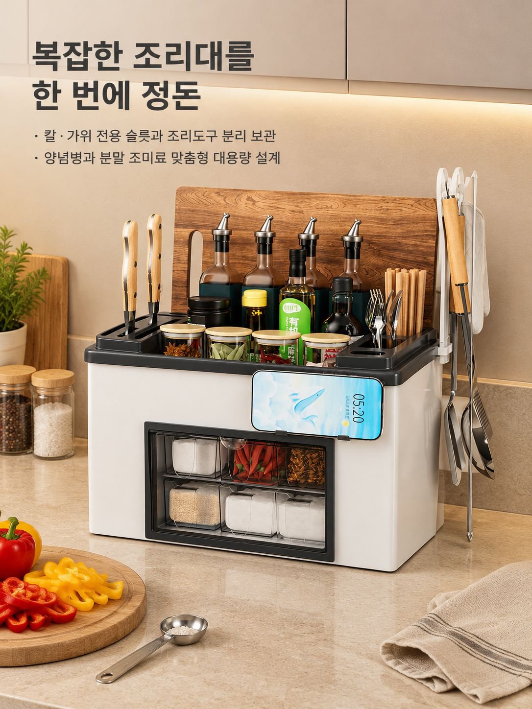 가정용 다기능 조미료 선반 주방 방진 양념통 수납함 칼걸이 거치대