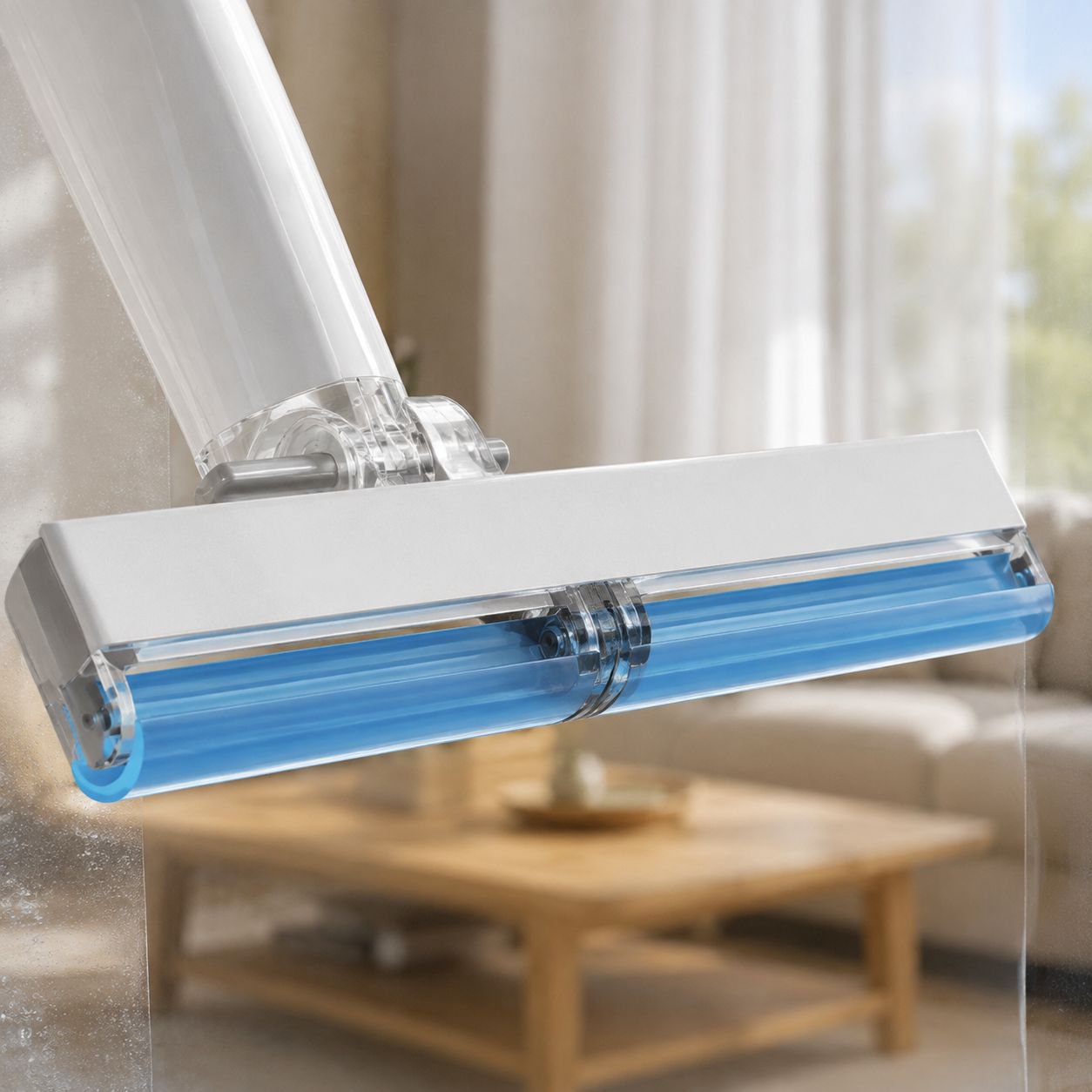 Professional cleaning glass windows with highrise scraper