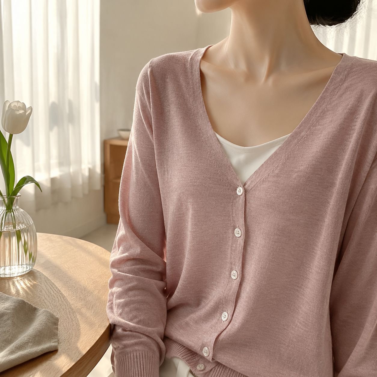 女性用通気性長袖メッシュカーディガン全体画像