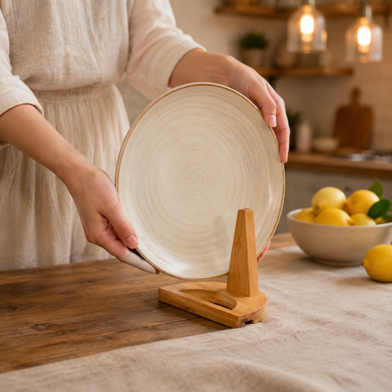 Bamboo Plate Display Stand Rack for Kitchen Storage and Organization