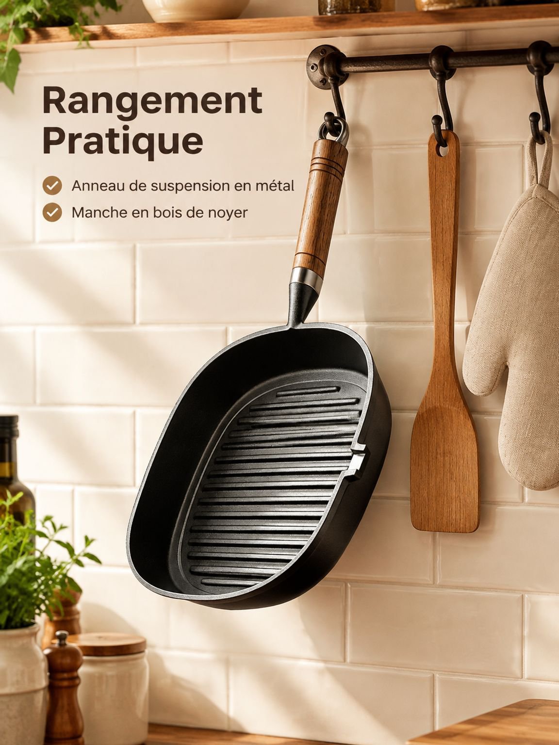 Poêle grill fonte sans revêtement antiadhésif pour cuisson authentique