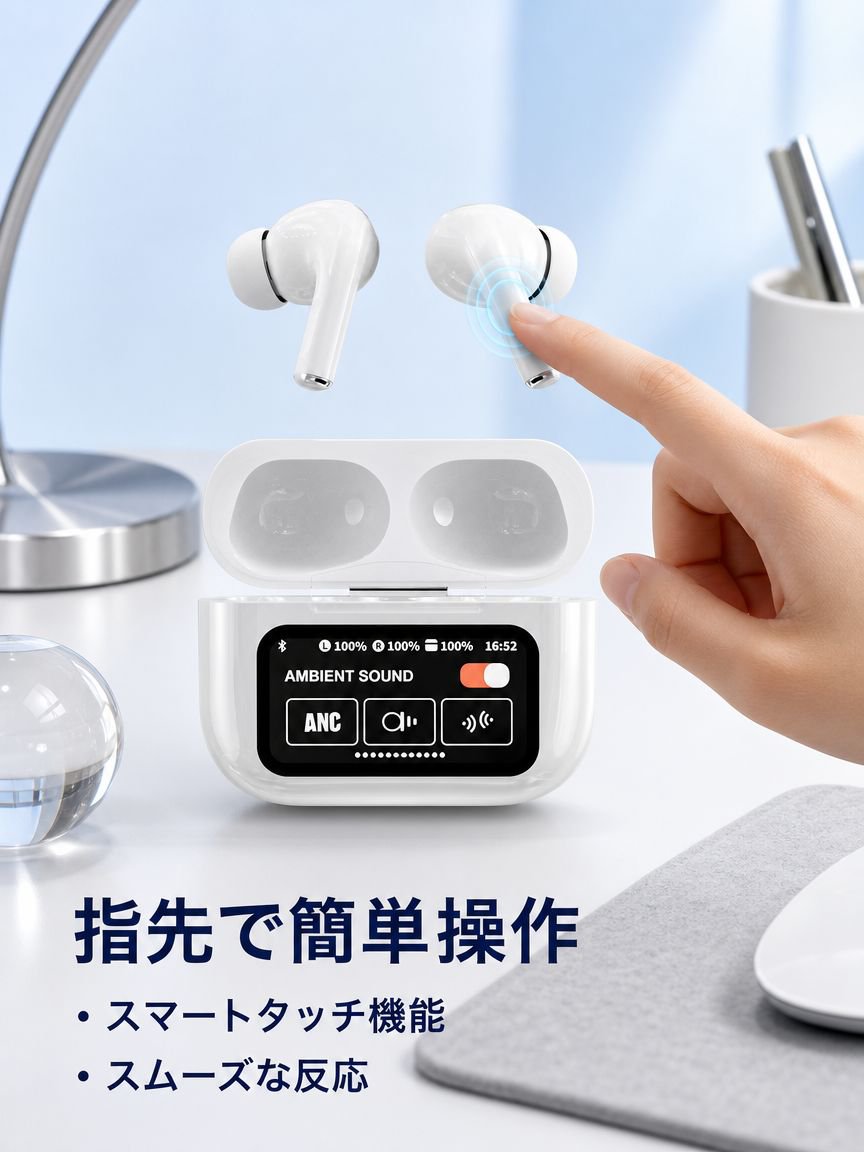 スマートカラーディスプレイ タッチコントロール ノイズキャンセリング Bluetoothイヤホン