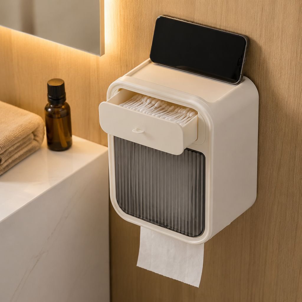 トイレ用防水ペーパーボックス・穴あけ不要・設置簡単