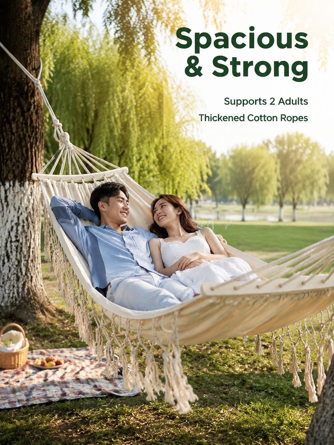 Outdoor Anti-Rollover Canvas Hammock with Tassels for Adults, Perfect for Picnic & Camping