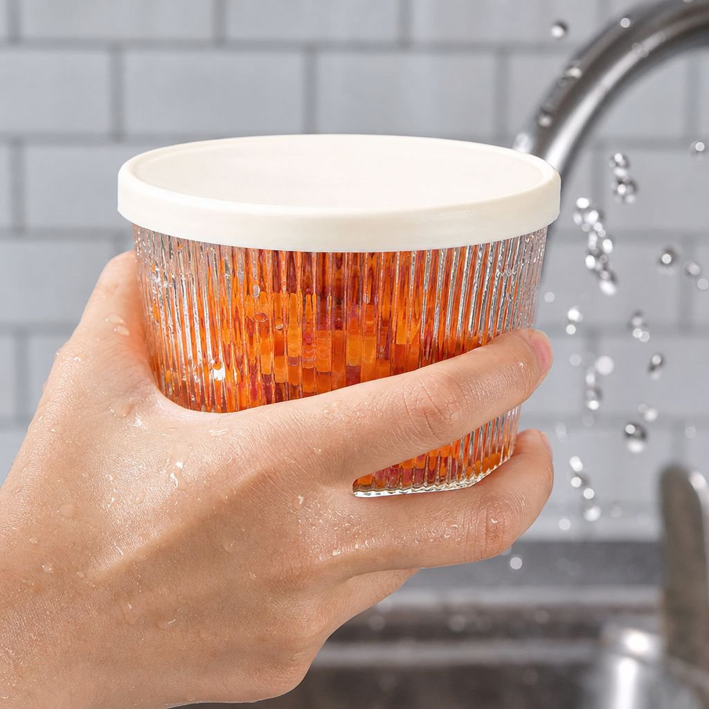 Household Refrigerator Compatible, Lidded Vertical Stripe Round Glass Food Container