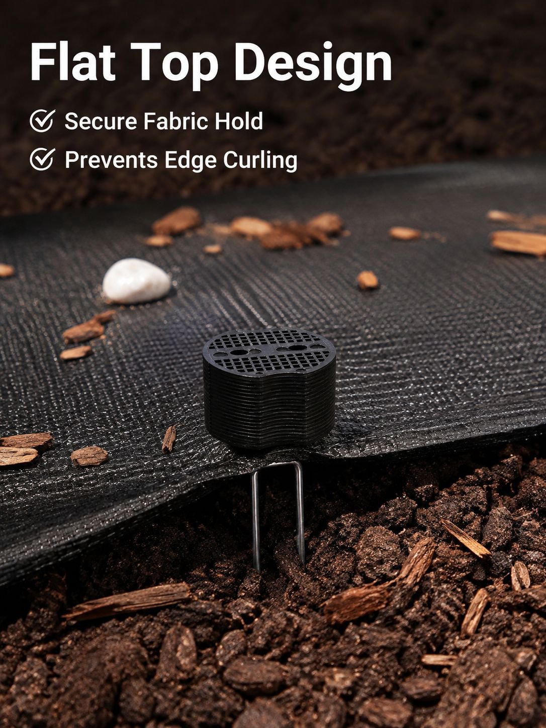 Close-up of heavy duty garden staples for landscape fabric