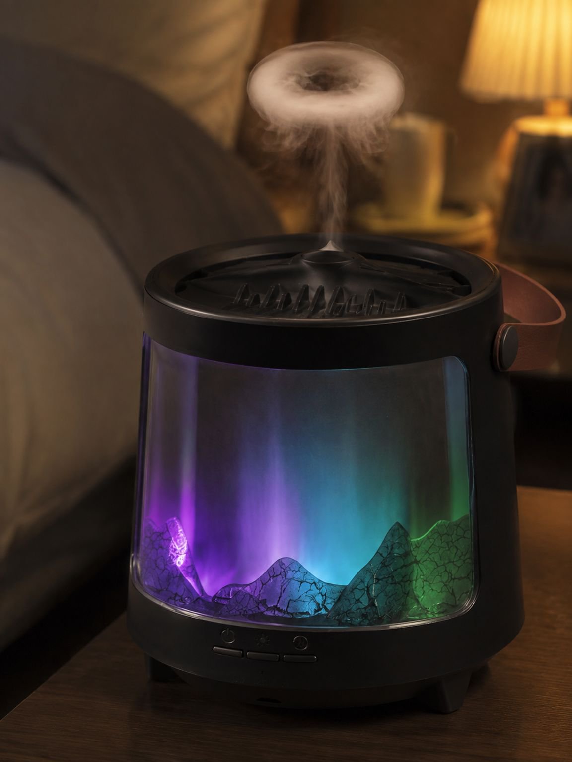 Difusor de aroma con efecto de llama colorida en una sala de estar moderna